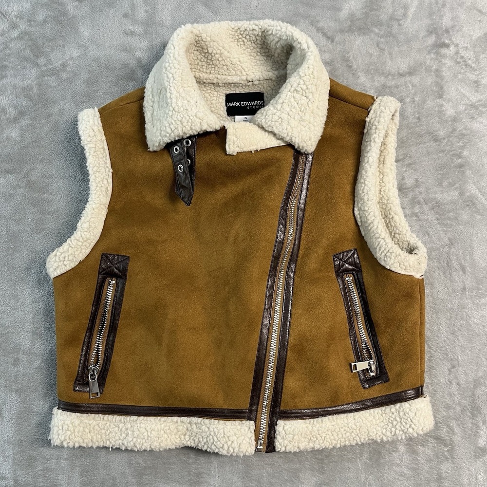 Mark Edwards Studio Sherpa Moto Vest Womens Small Brown Faux Suede Zip Y2K EUC